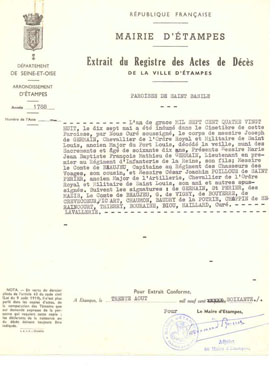 Acte de décès de Joseph Germain, extrait du registre