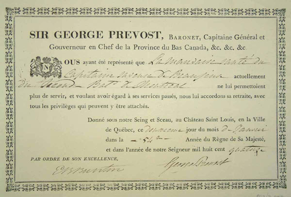 Certificat de mise à  la retraite de Jacques-Philippe Saveuse de Beaujeu