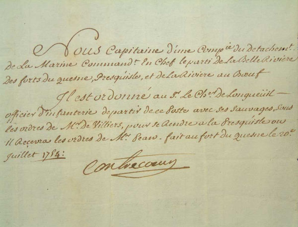 Ordre de Contrecoeur à  Paul-Joseph Le Moyne de Longueuil
