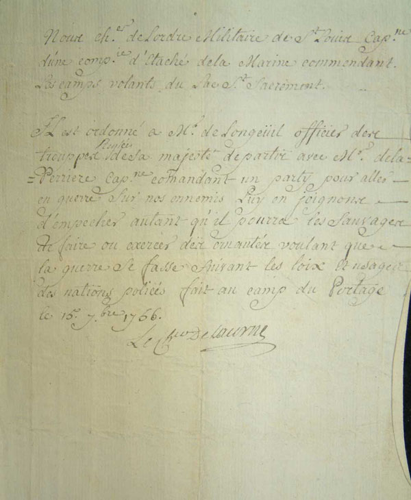 Ordre de La Corne à  Paul-Joseph Le Moyne de Longueuil