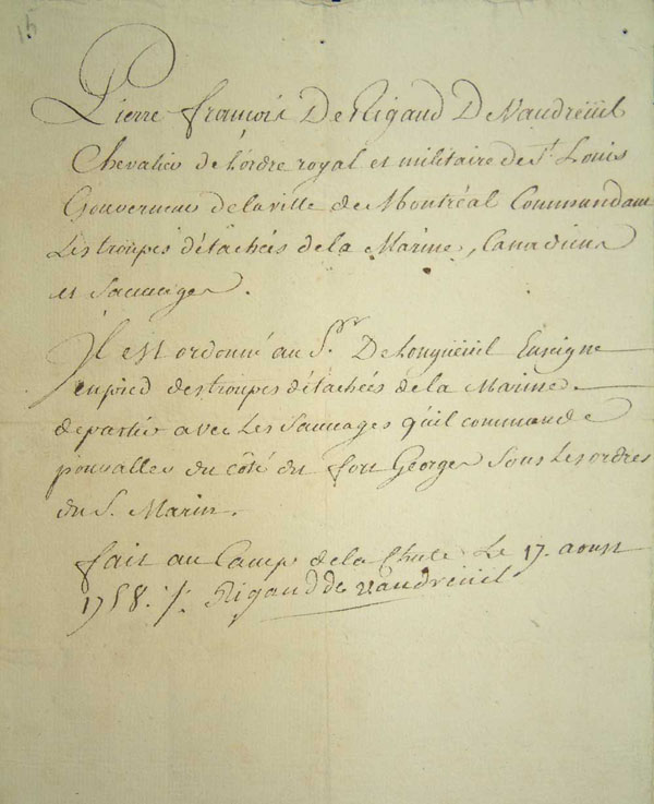 Ordre de Rigaud de Vaudreuil à  Joseph-Dominique-Emmanuel