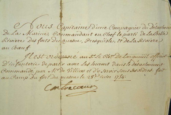 Ordre de Contrecoeur à  Paul-Joseph Le Moyne de Longueuil