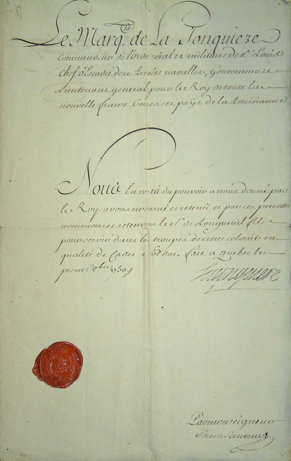 Titre de cadet soldat par Jonquière à  Joseph-Dominique-Emmanuel