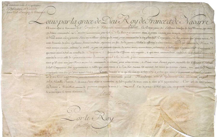 Titre de capitaine par Louis XV à  Louis Liénard de Beaujeu